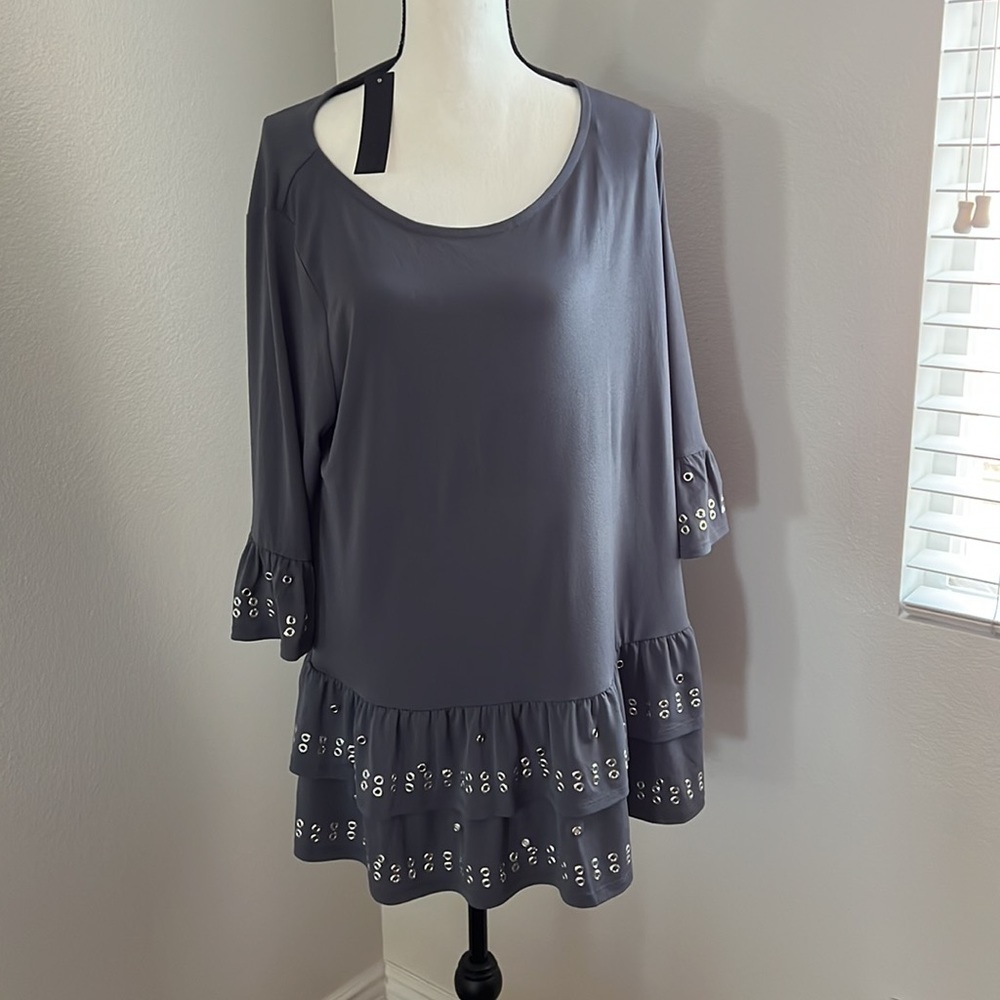 Belldini blouse. Slate Grey with decorative silver grommets.